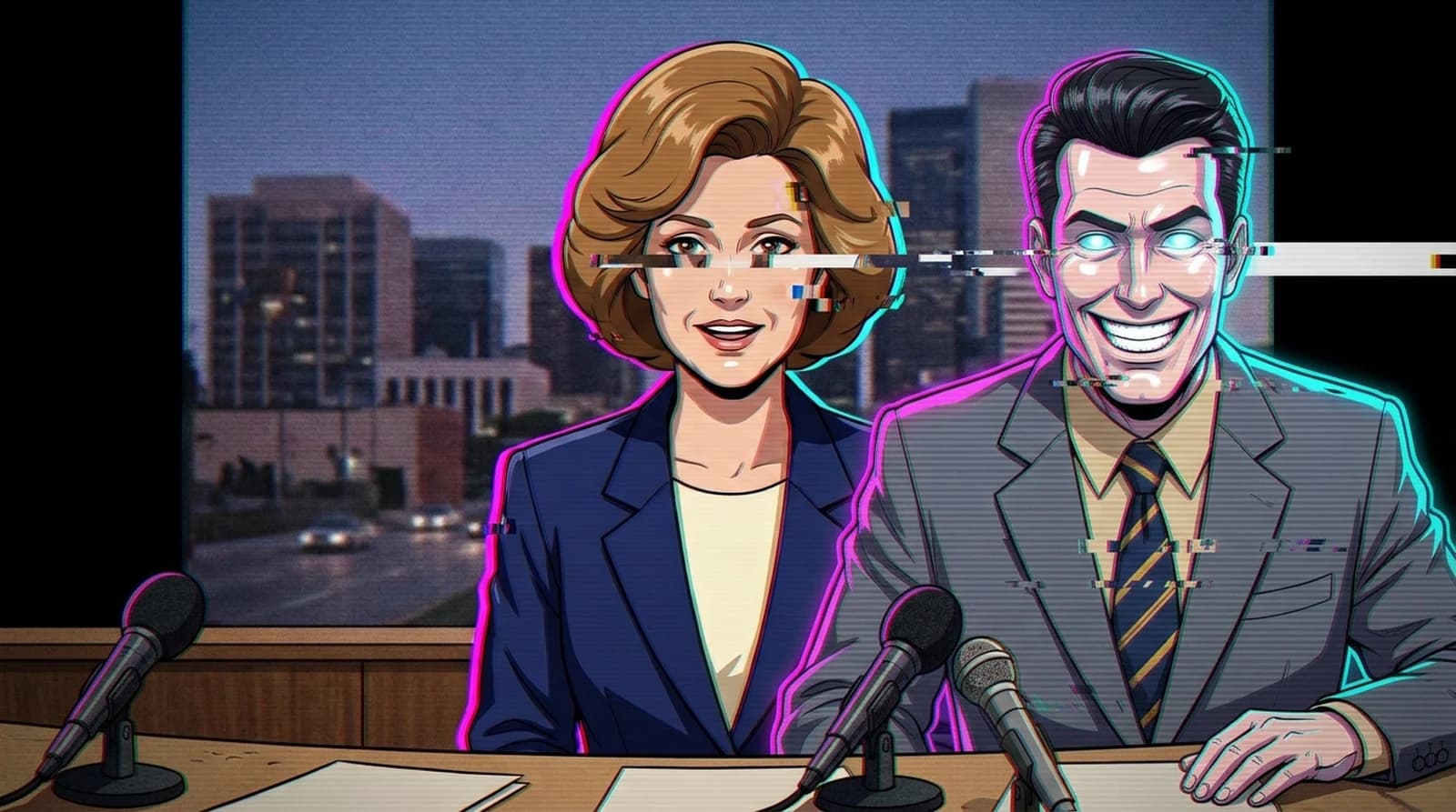 Diane Vale and Chip Sterling, the two android anchors of Meatware Nightly, at the News Center 9 desk