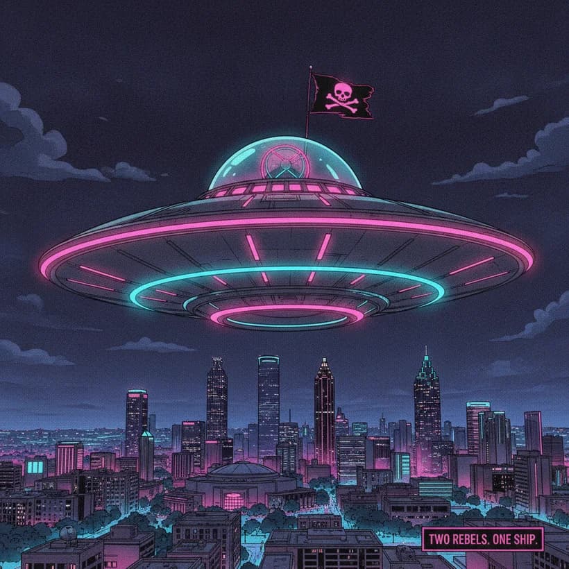 The Spaceship Alpha 9 saucer flying over the Atlanta skyline with a pirate flag