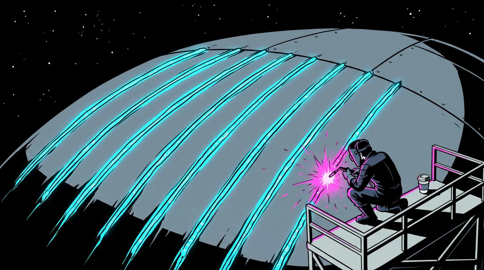 A curved hull plate at night with nine freshly welded cyan seams; a lone welder finishes the ninth in a spray of pink sparks.