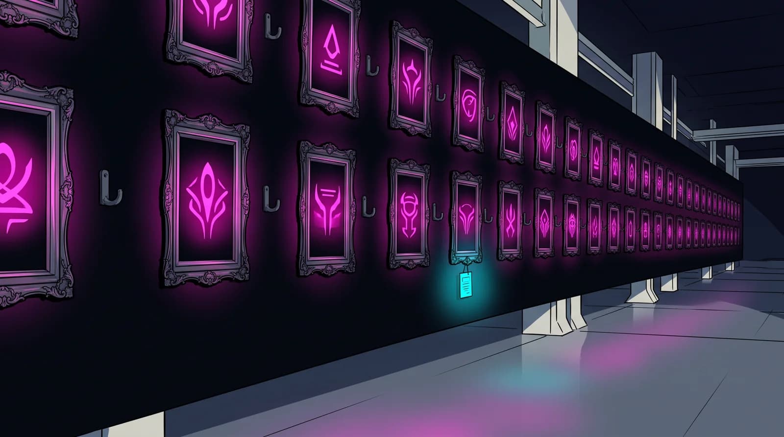 A gallery wall of glowing framed emblems; every frame has an empty hook for its provenance card except one.