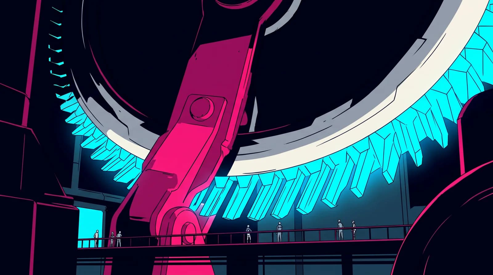 A colossal cyan ratchet wheel with a pink pawl locked in its teeth, turning one way only.