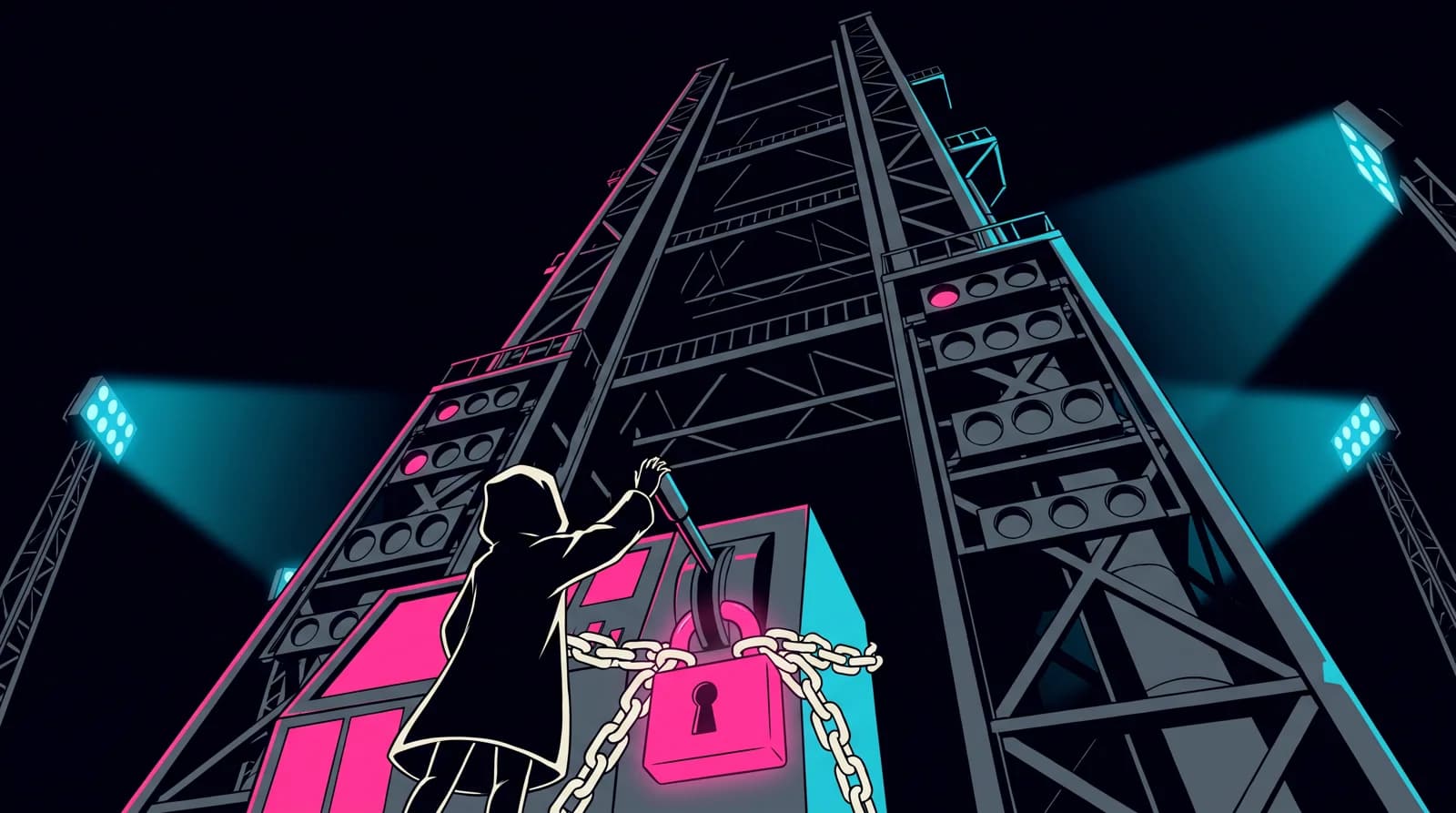 A launch gantry at night; the ignition lever is chained shut with one giant pink padlock and every indicator lamp is dark.