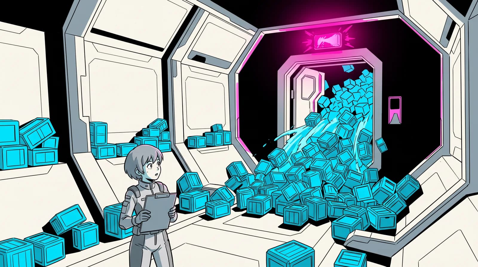 A pristine starship hold; hundreds of identical cyan crates pour through a jammed airlock.