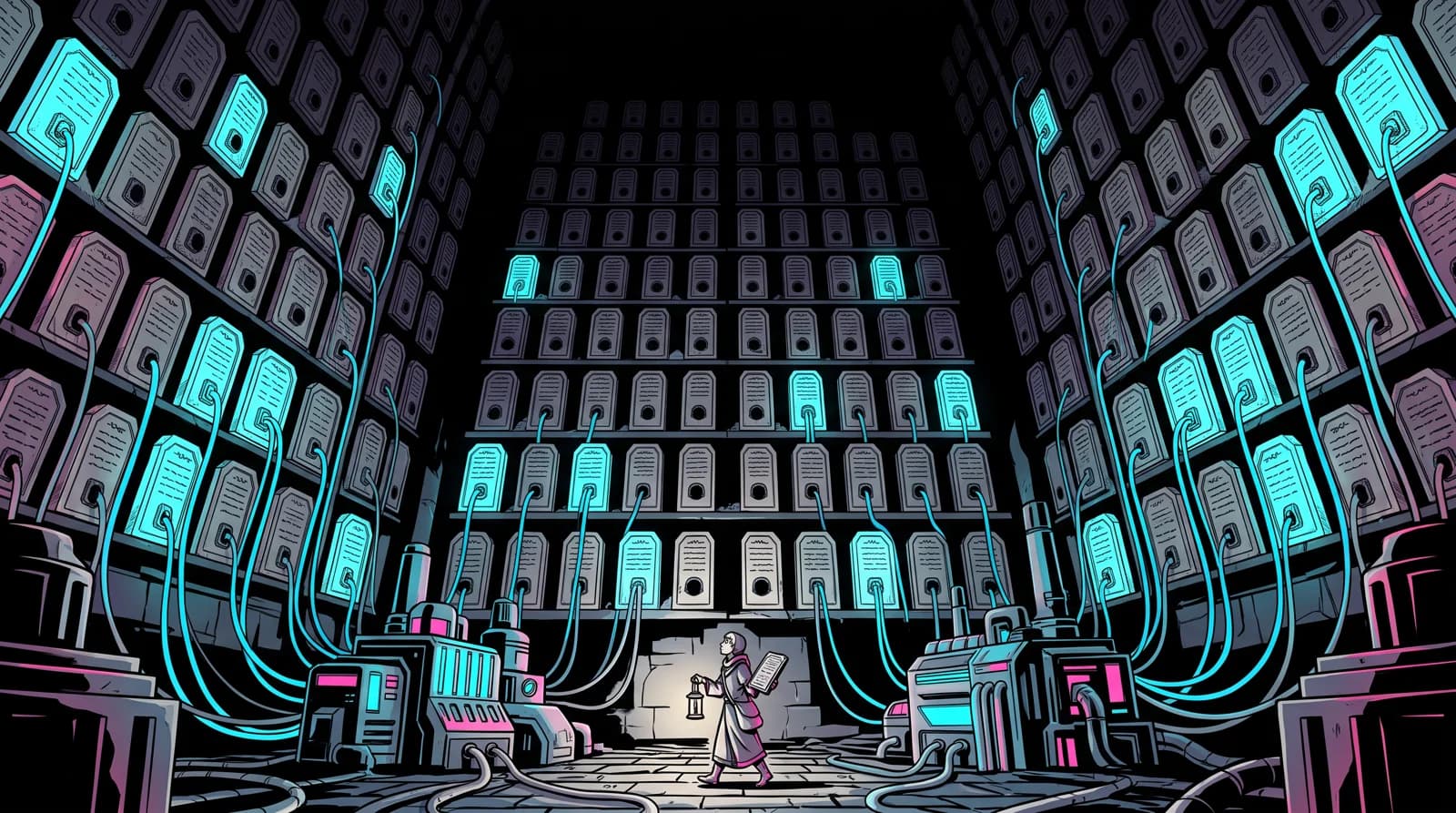 A cathedral wall of stone tablets; half are wired to glowing machinery, half hang dark and unconnected.
