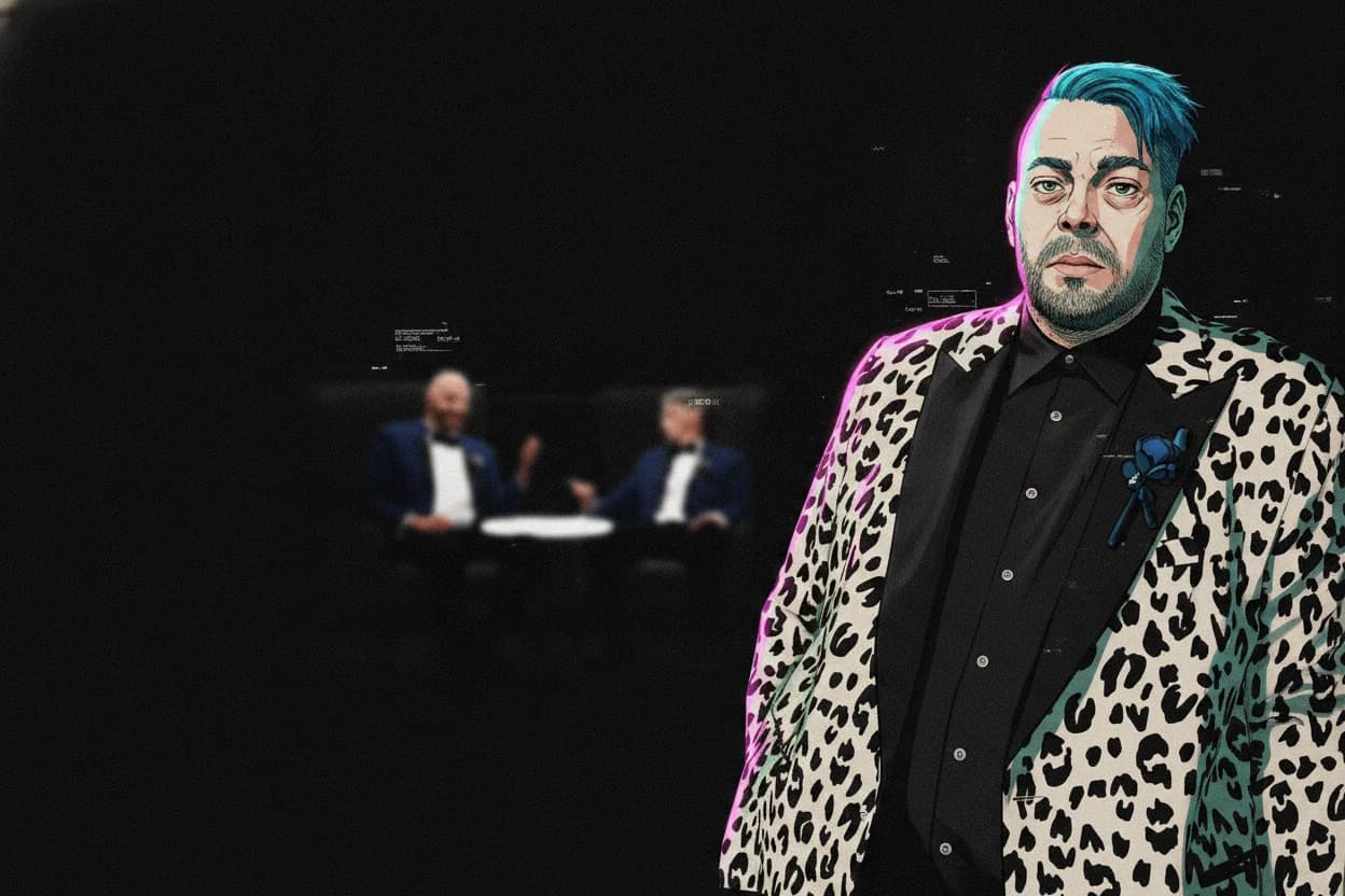 Space Pirate Zero — Greg Chambers in a leopard blazer, cel-shaded neon