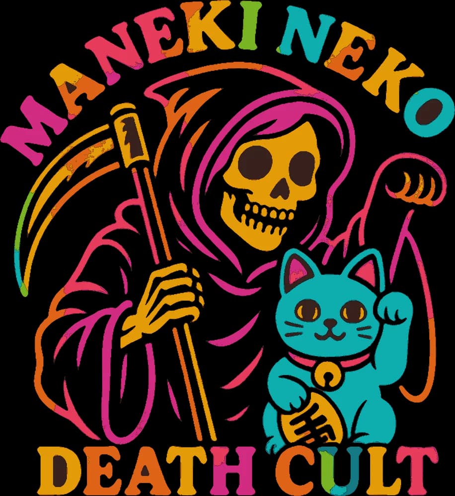Maneki Neko Death Cult Neon — Tee — Full colour on black