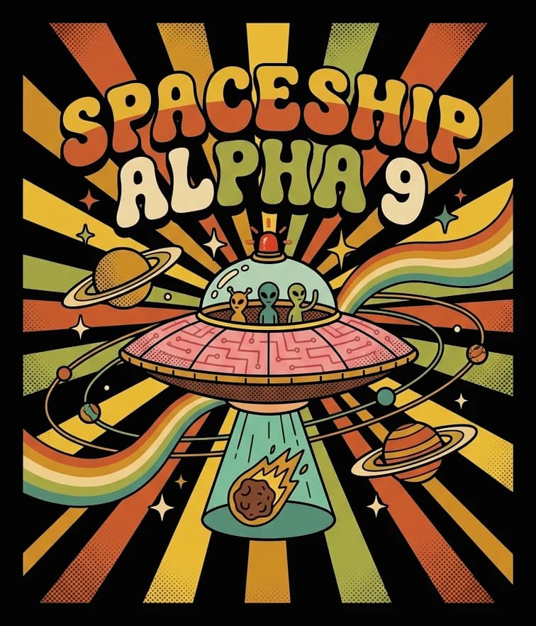 Spaceship Alpha 9 — Tee — Full colour on black